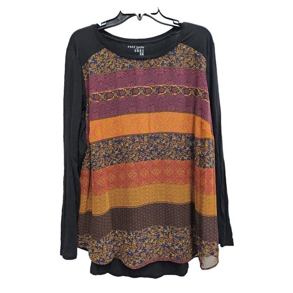 Ruff Hewn Tops - Ruff Hewn Grey Womens Tunic Top Size 2X Black Multi Floral Mixed Media Pullover